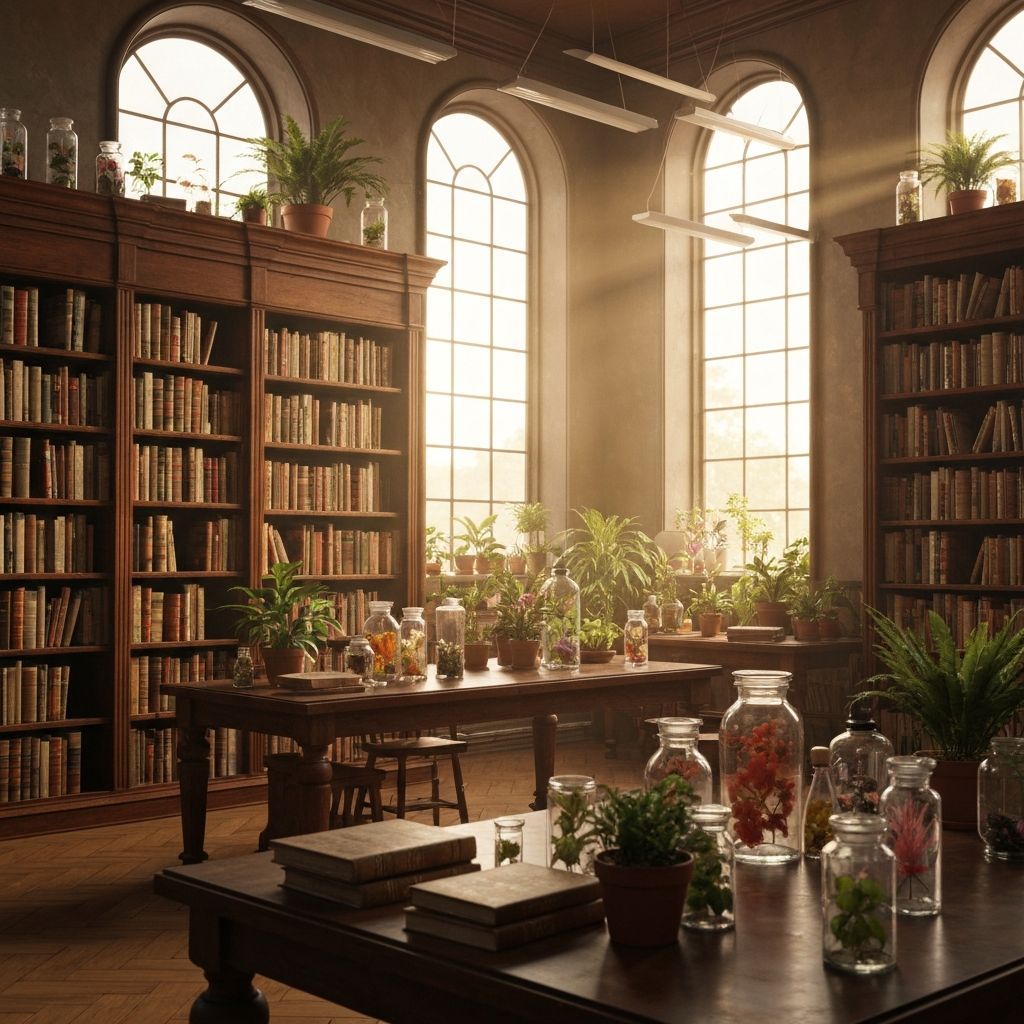 A warmly lit botanical research library with dark wood shelves and natural light streaming through tall windows