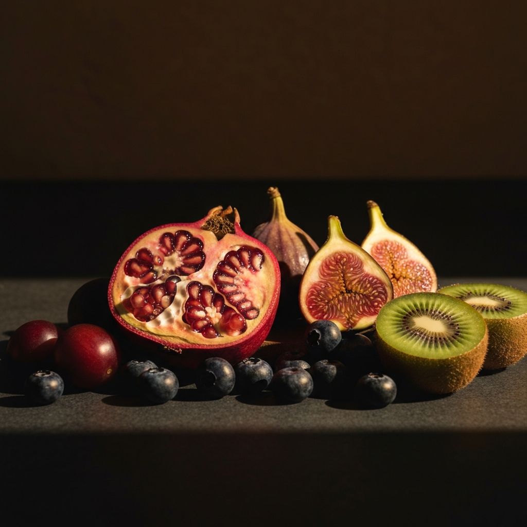 A cinematic arrangement of vibrant fresh fruits including pomegranate and figs