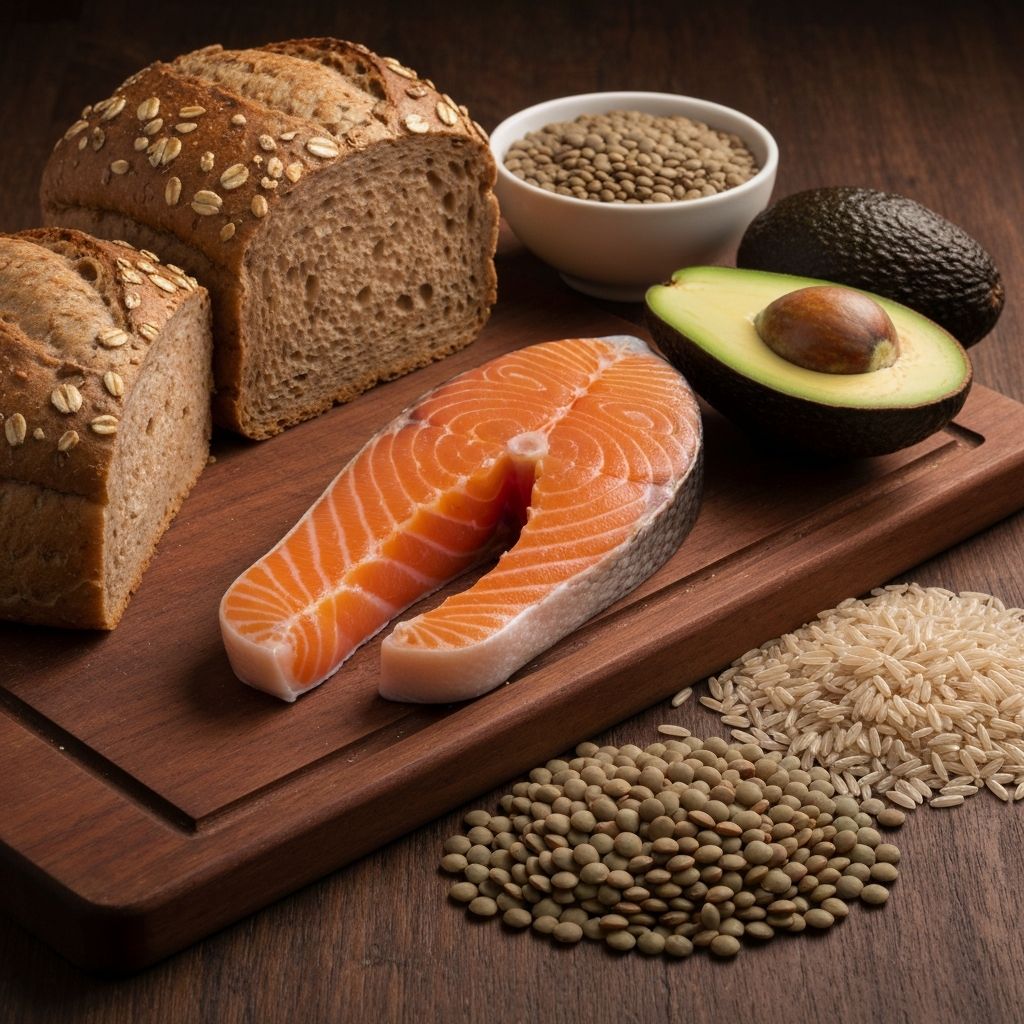 A cinematic arrangement of diverse macronutrient sources including whole grains, legumes, and natural fats on a dark surface